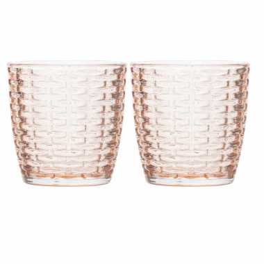 Set van 10x stuks waxinelichthouders/waxinelichthouders glas zalmroze 9 x 9 cm steentjes motief