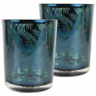 Set van 3x stuks waxinelichthouder/waxinelichthouder glas petrol blauw 8 cm palmblad print