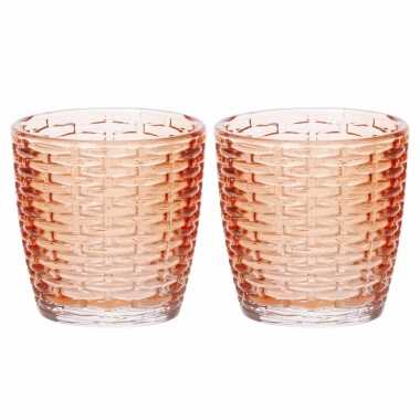 Set van 8x stuks waxinelichthouders/waxinelichthouders glas oranje 9 x 9 cm steentjes motief