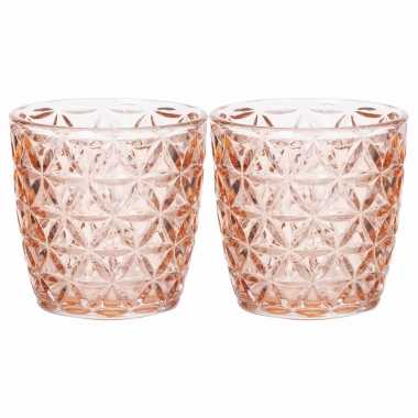 Set van 8x stuks waxinelichthouders/waxinelichthouders glas zalmroze 9 x 9 cm bloemen motief