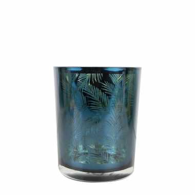 Waxinelichthouder/waxinelichthouder glas petrol blauw 8 cm palmblad print