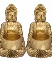 2x zittende boeddha waxinelichthouders goud 14 cm