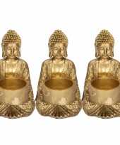 3x zittende boeddha waxinelichthouders goud 14 cm