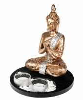 Boeddha beeld met waxinelichthouders goud wit voor binnen 20 cm