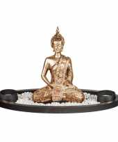 Boeddha beeld met waxinelichthouders voor binnen goud 33 cm