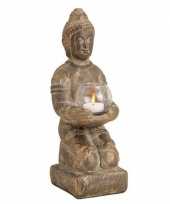 Bruin boeddha beeldje met waxine waxinelicht houder 33 cm