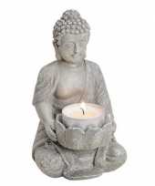 Grijs boeddha beeldje met waxine waxinelicht houder 14 cm