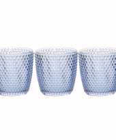 Set van 3x stuks waxinelichthouders waxinelichthouders bubbel glas blauw 9 x 9 cm