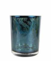 Waxinelichthouder waxinelichthouder glas petrol blauw 10 cm palmblad print