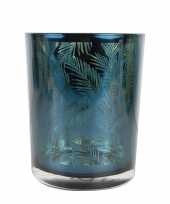 Waxinelichthouder waxinelichthouder glas petrol blauw 12 cm palmblad print