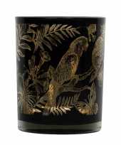 Waxinelichthouder waxinelichthouder glas zwart 12 cm papegaai print