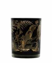 Waxinelichthouder waxinelichthouder glas zwart 8 cm papegaai print